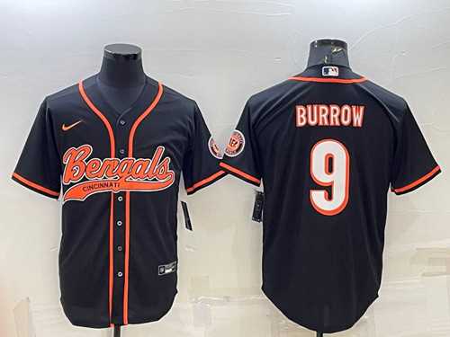 Mens Cincinnati Bengals #9 Joe Burrow Black With Patch Cool Base Stitched Baseball Jersey